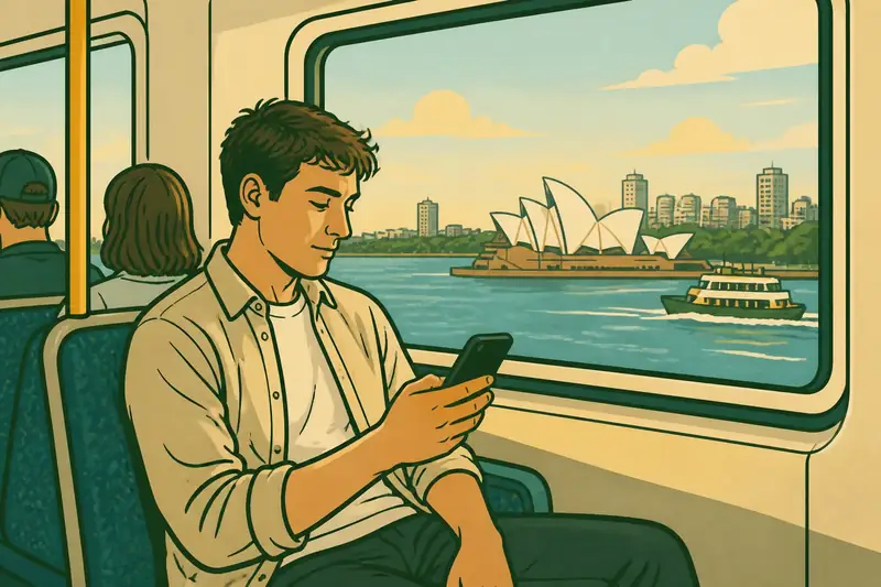 A commuter on a Sydney train playing a game on a phone