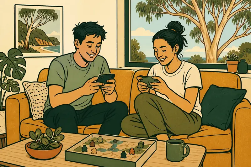 Two friends on a sofa playing social games on their phones